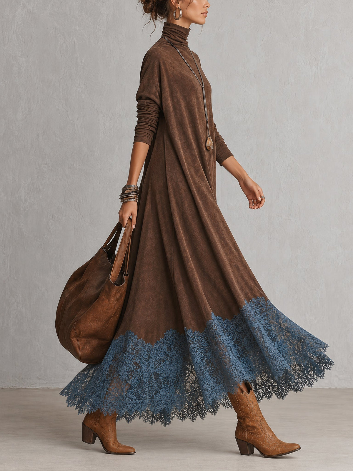 Solène | Vintage Brown Suede-Effect Long-Sleeve Maxi Dress with Lace Hem