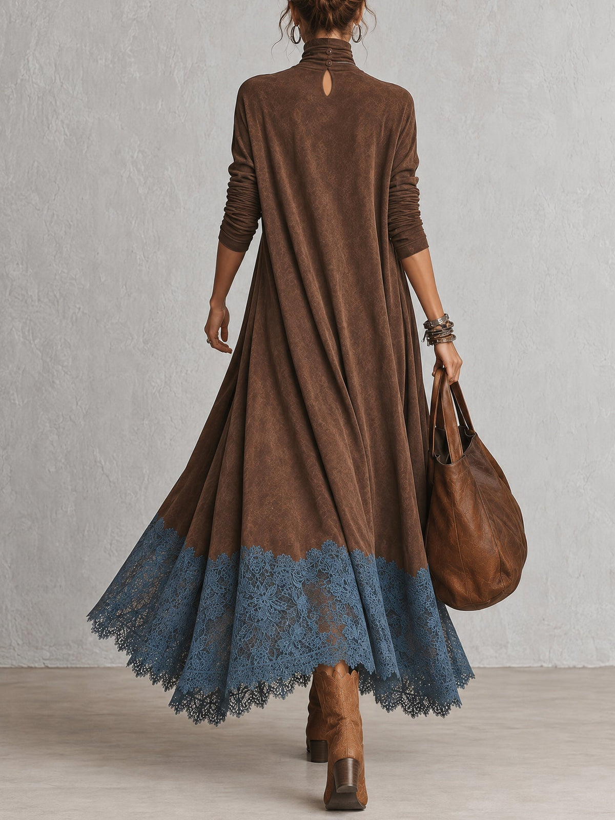 Solène | Vintage Brown Suede-Effect Long-Sleeve Maxi Dress with Lace Hem