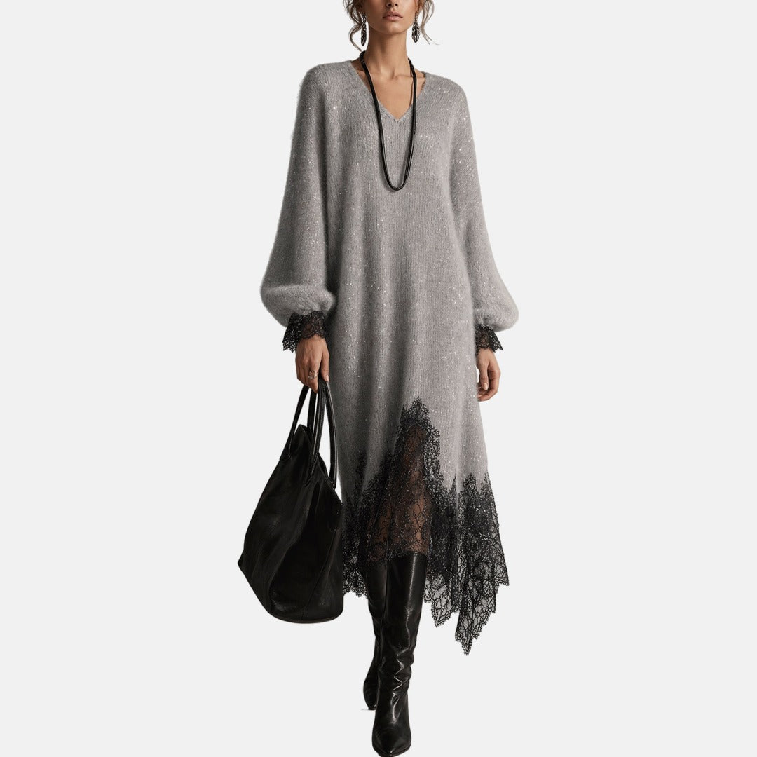 Vinciane | Sequin Knit Dress with Lace Hem