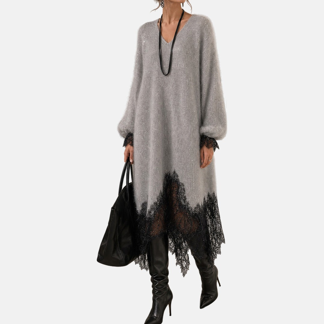 Vinciane | Sequin Knit Dress with Lace Hem