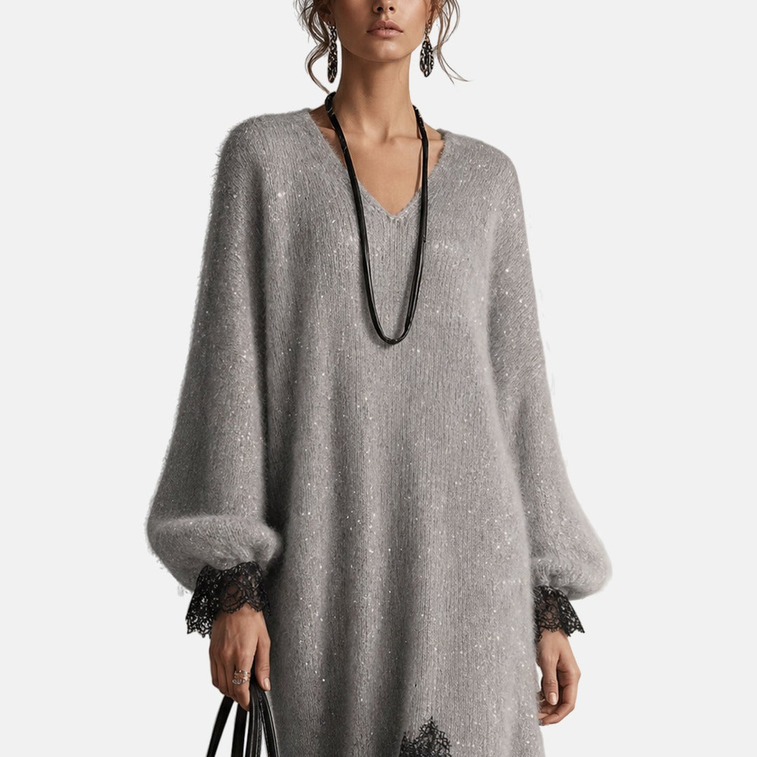Vinciane | Sequin Knit Dress with Lace Hem