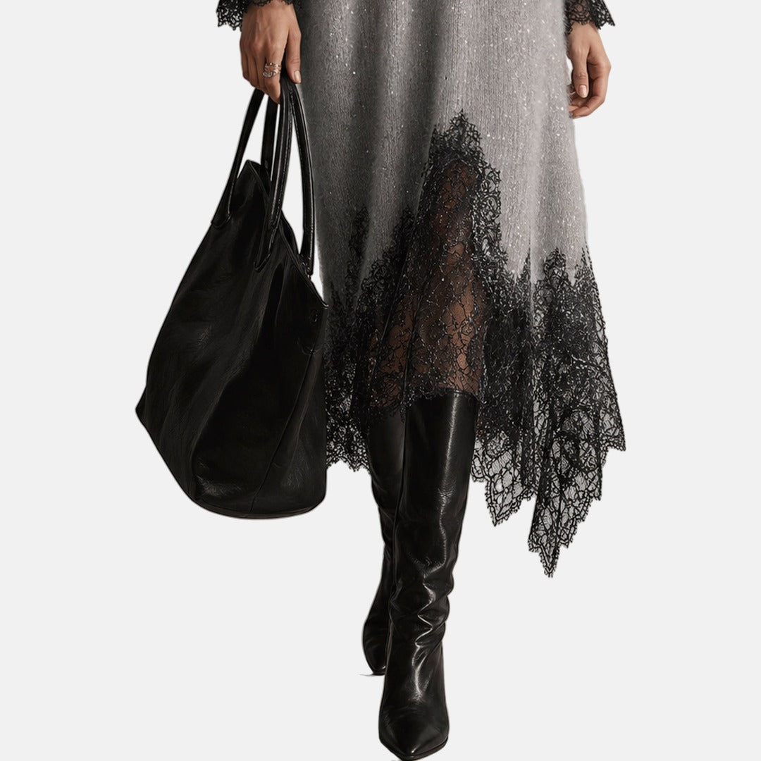 Vinciane | Sequin Knit Dress with Lace Hem