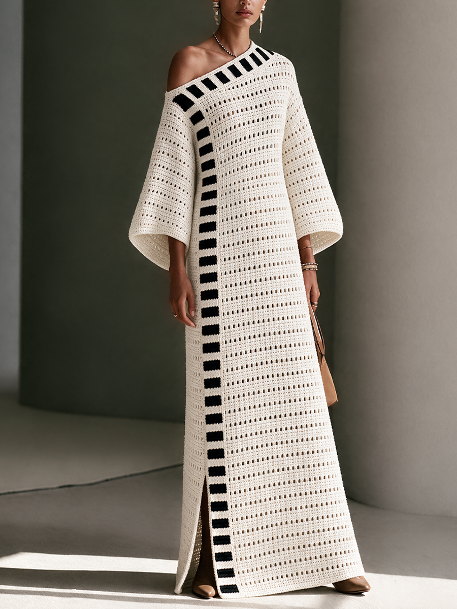 Women's Striped Openwork Bohemian Knit Off-Shoulder Maxi Dress