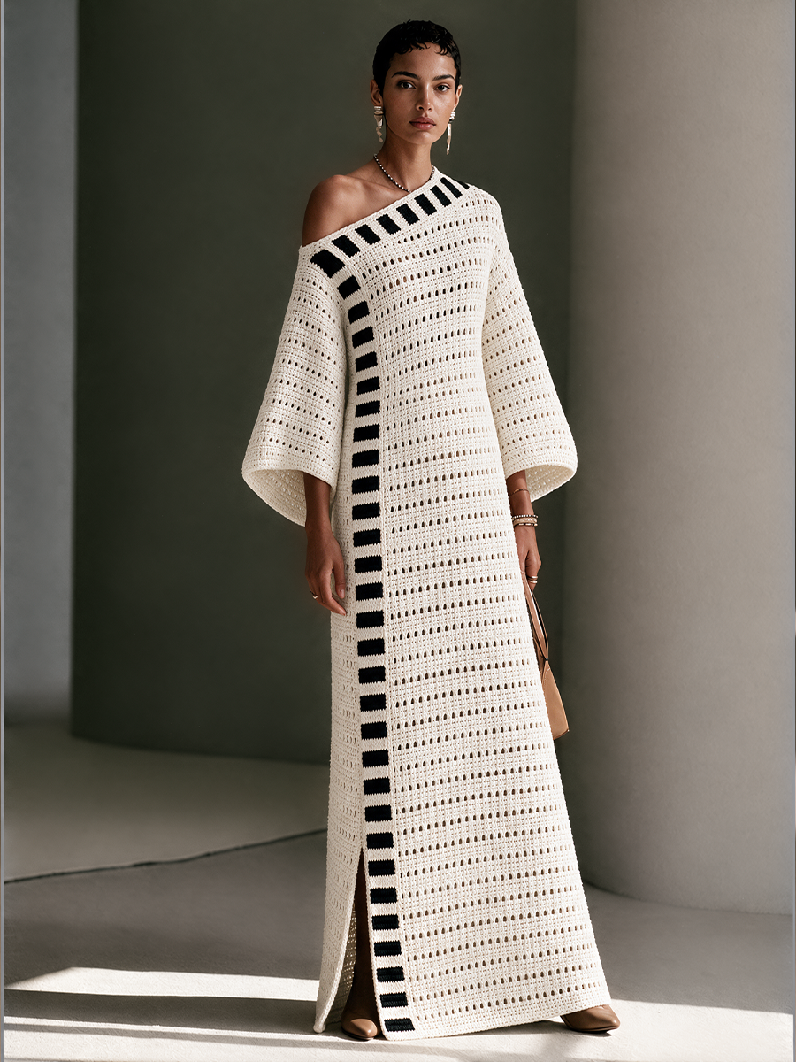 Women's Striped Openwork Bohemian Knit Off-Shoulder Maxi Dress