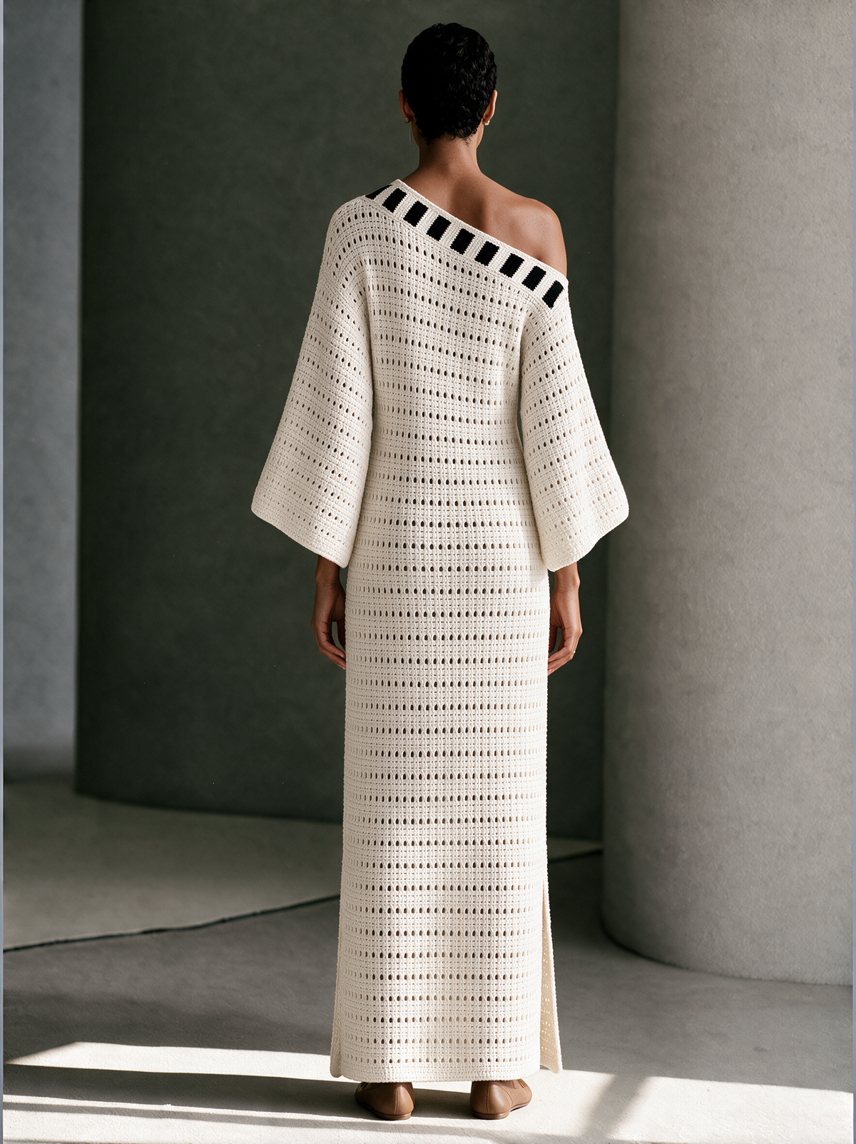 Women's Striped Openwork Bohemian Knit Off-Shoulder Maxi Dress