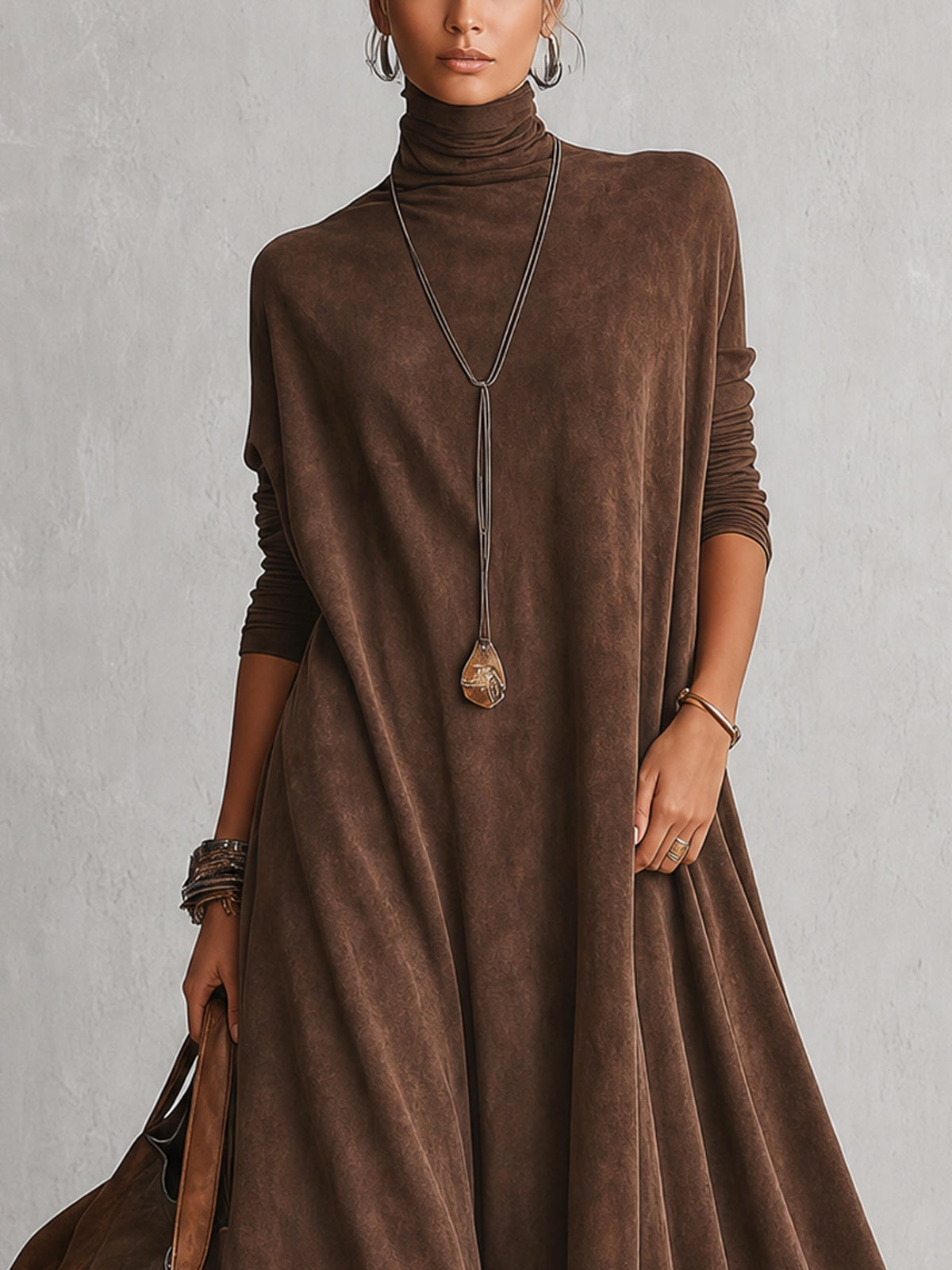 Solène | Vintage Brown Suede-Effect Long-Sleeve Maxi Dress with Lace Hem