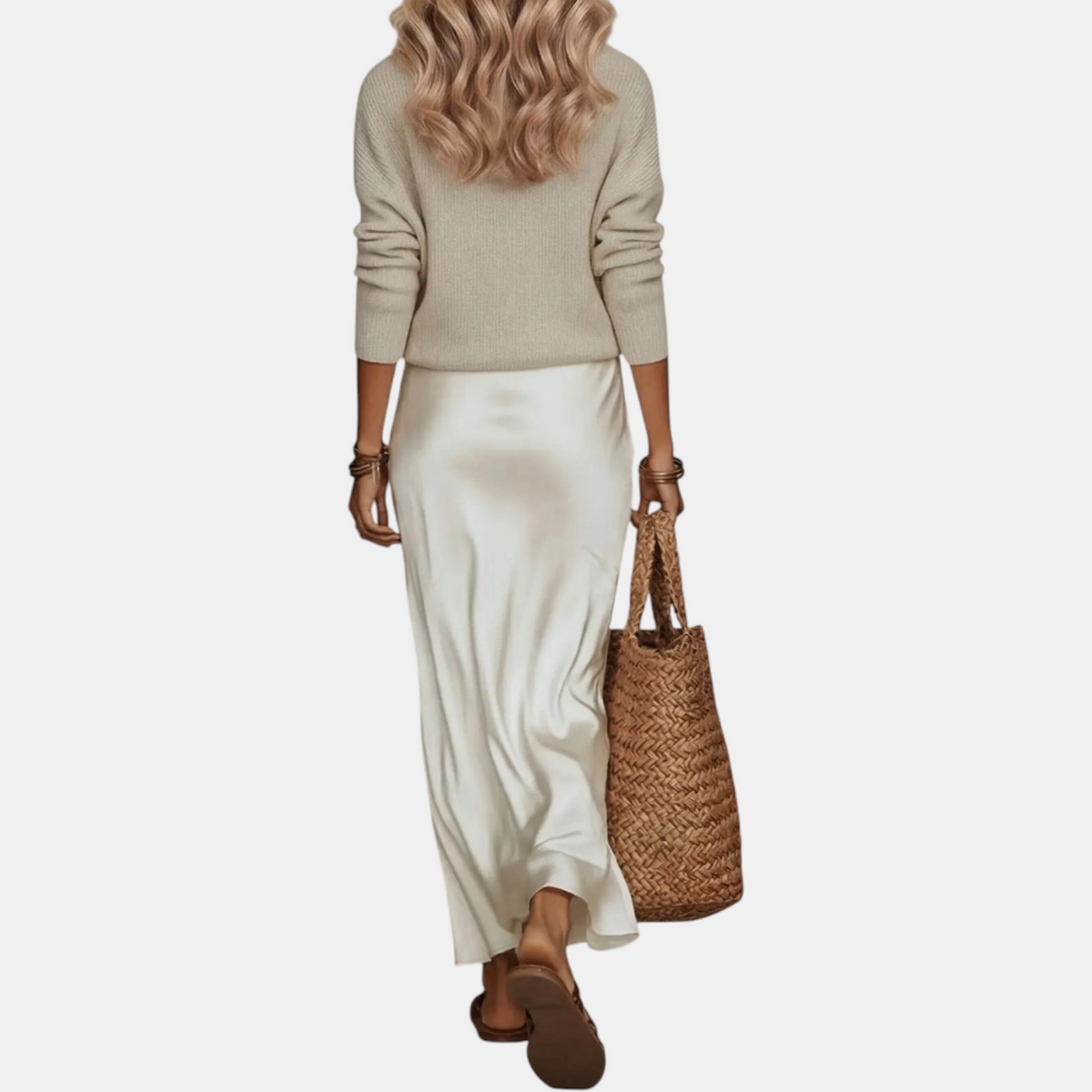 Women's Knit Sweater and Satin Slip Midi Skirt Matching Set