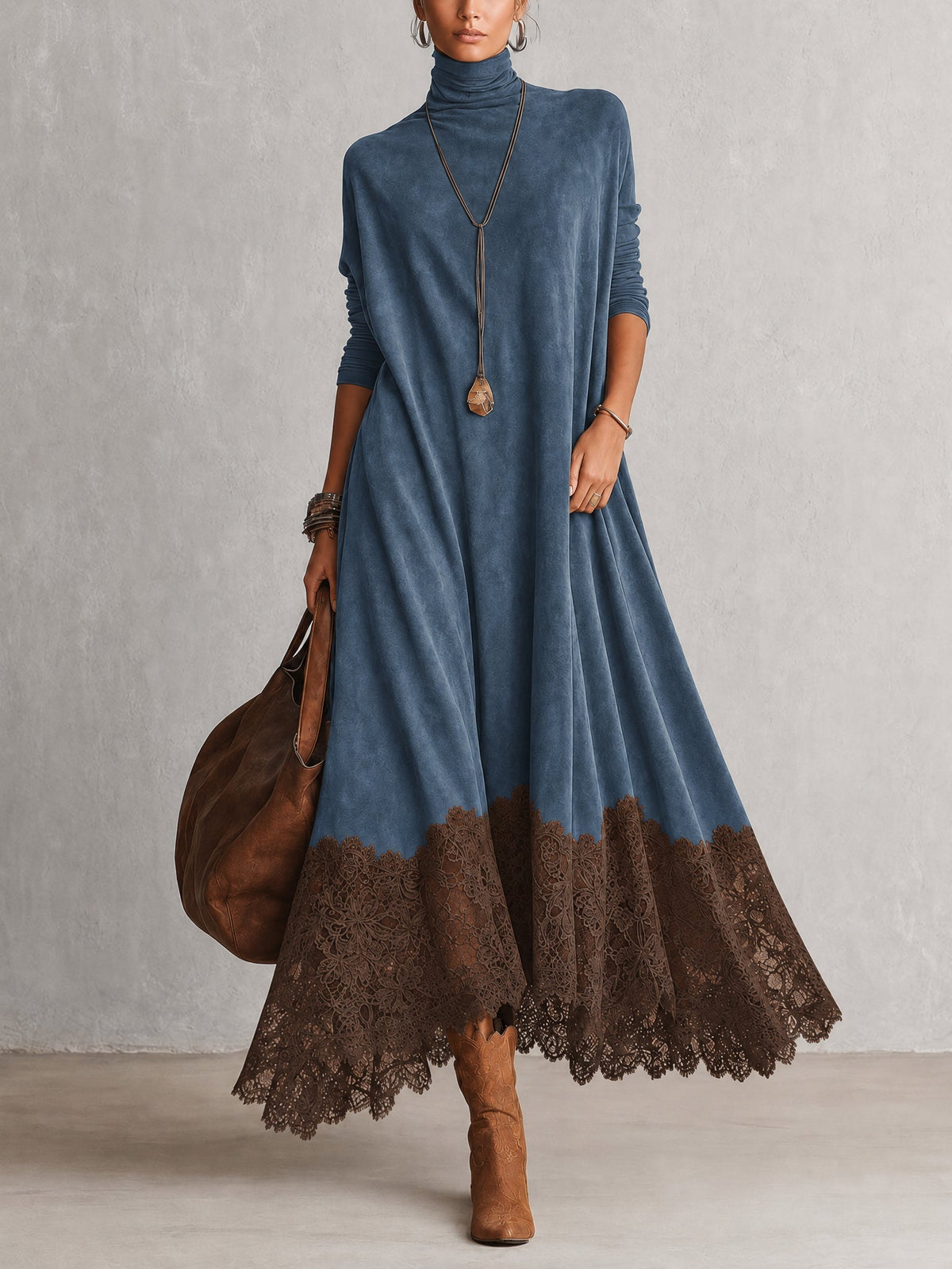 Solène | Vintage Brown Suede-Effect Long-Sleeve Maxi Dress with Lace Hem