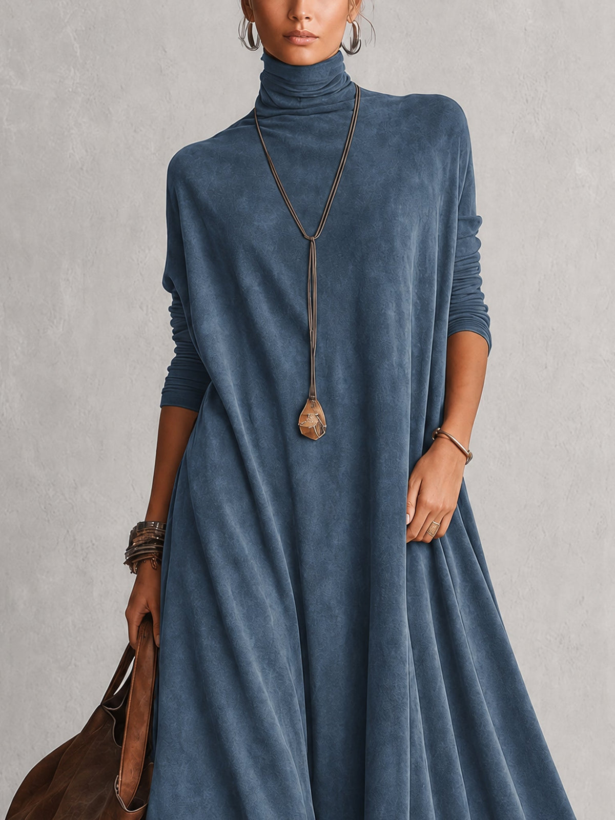 Solène | Vintage Brown Suede-Effect Long-Sleeve Maxi Dress with Lace Hem