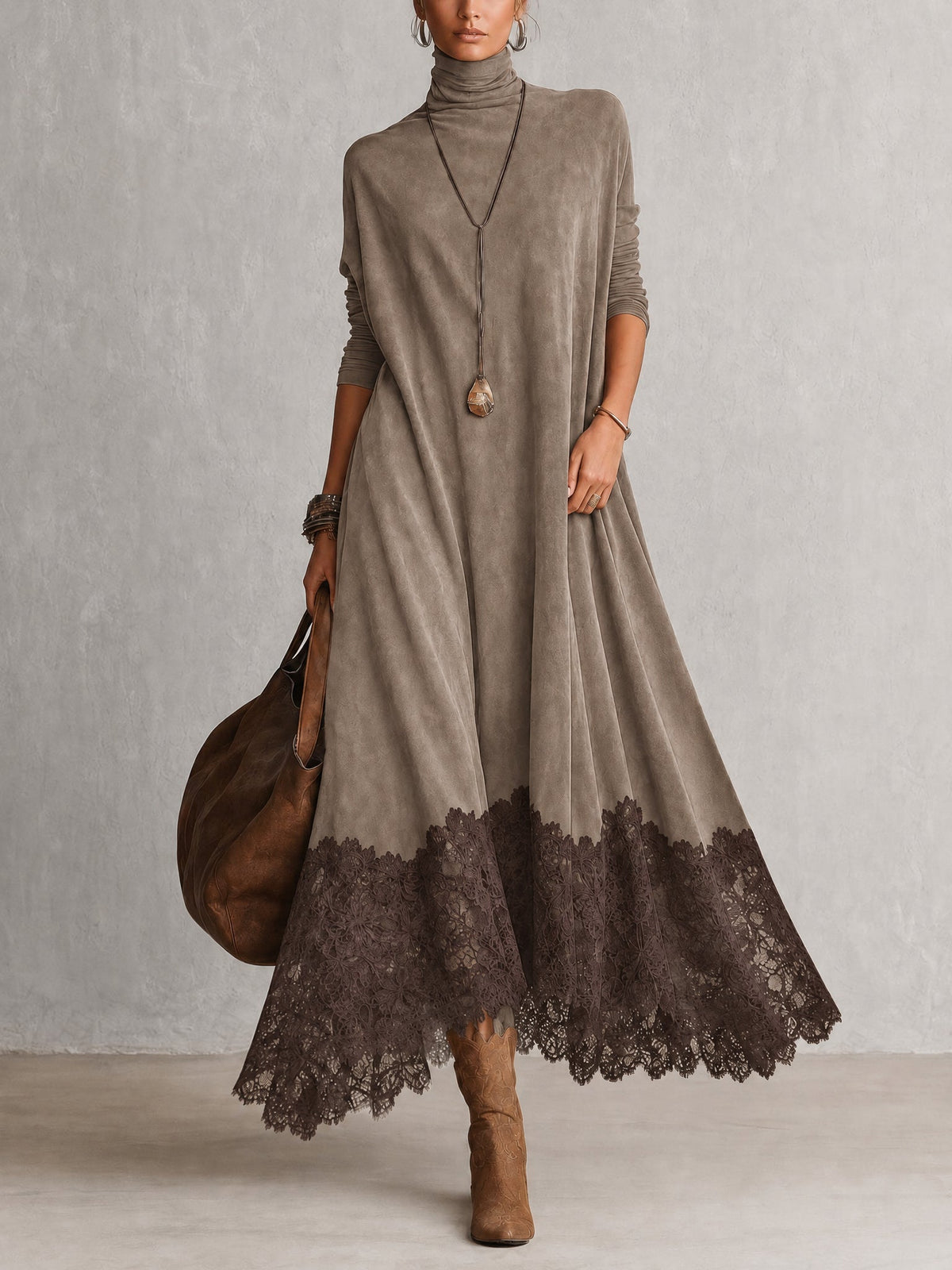 Solène | Vintage Brown Suede-Effect Long-Sleeve Maxi Dress with Lace Hem