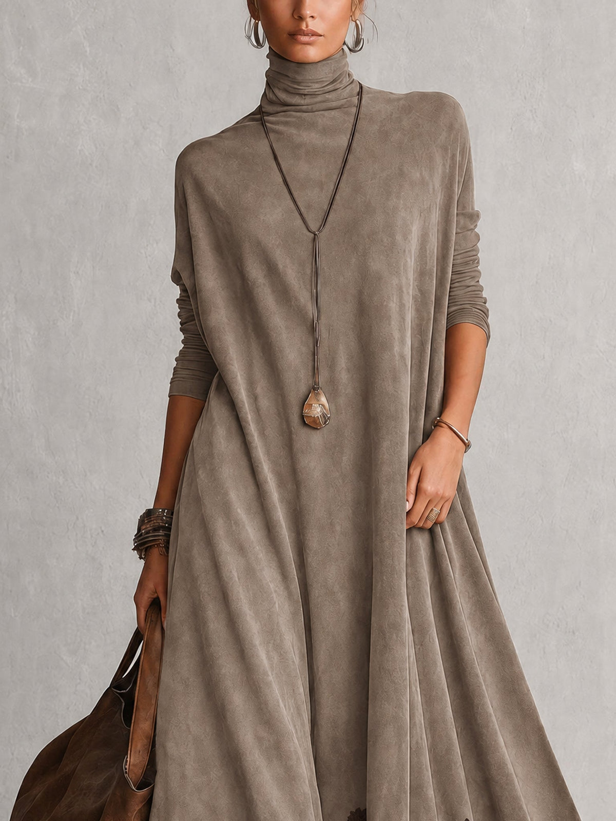 Solène | Vintage Brown Suede-Effect Long-Sleeve Maxi Dress with Lace Hem