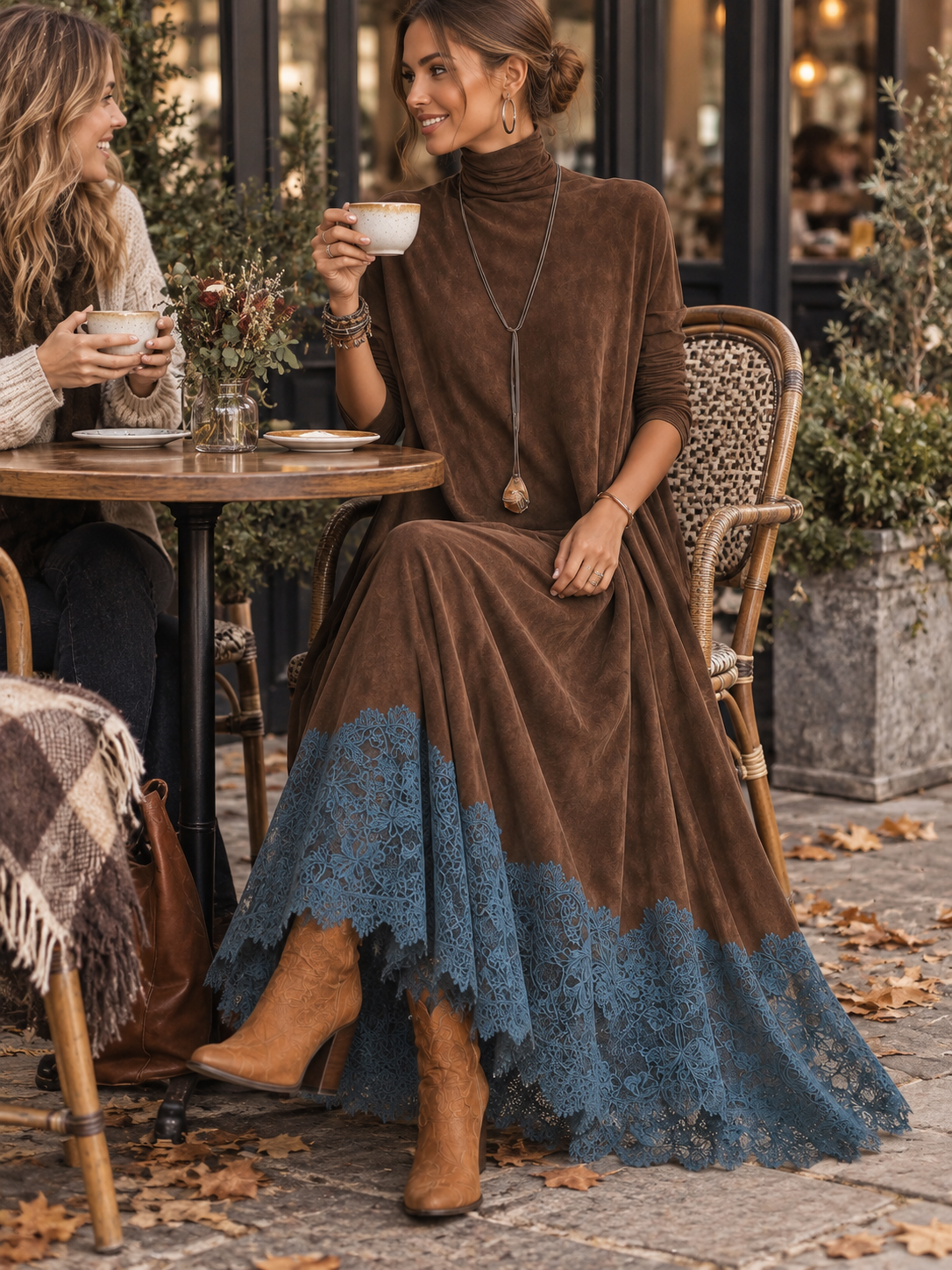 Solène | Vintage Brown Suede-Effect Long-Sleeve Maxi Dress with Lace Hem