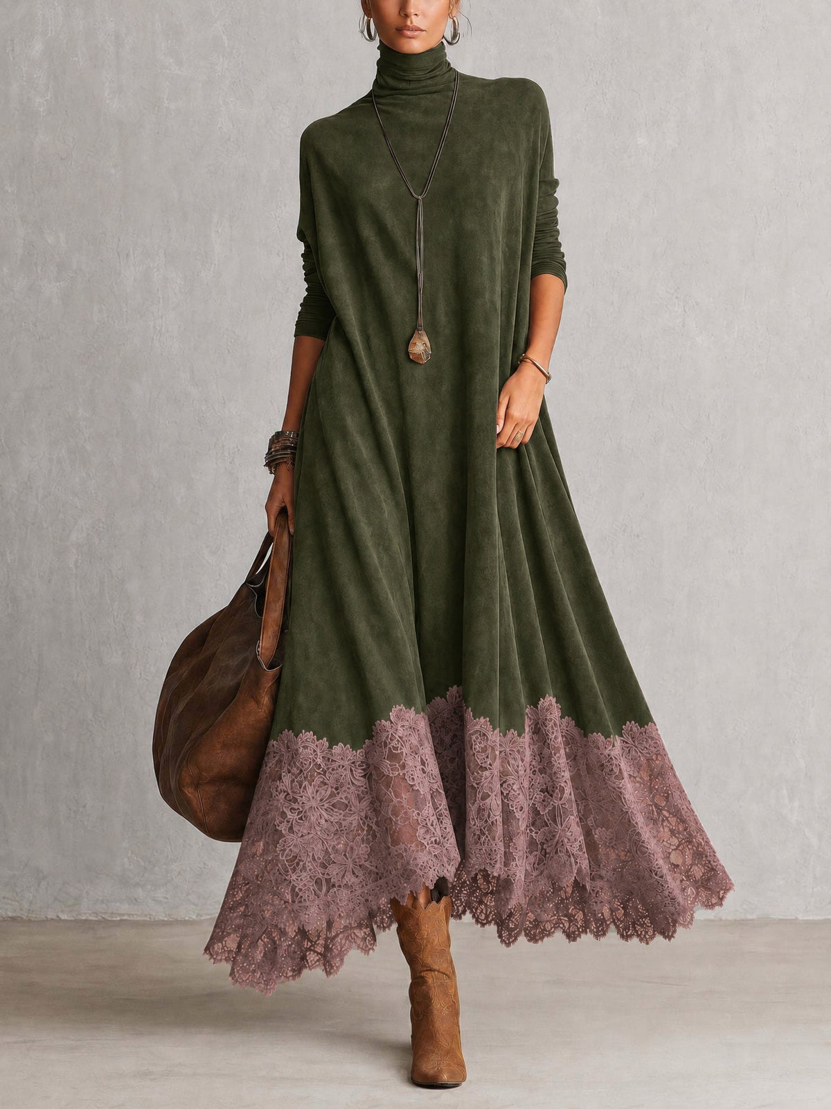 Solène | Vintage Brown Suede-Effect Long-Sleeve Maxi Dress with Lace Hem