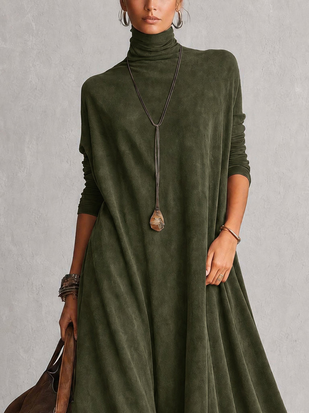 Solène | Vintage Brown Suede-Effect Long-Sleeve Maxi Dress with Lace Hem
