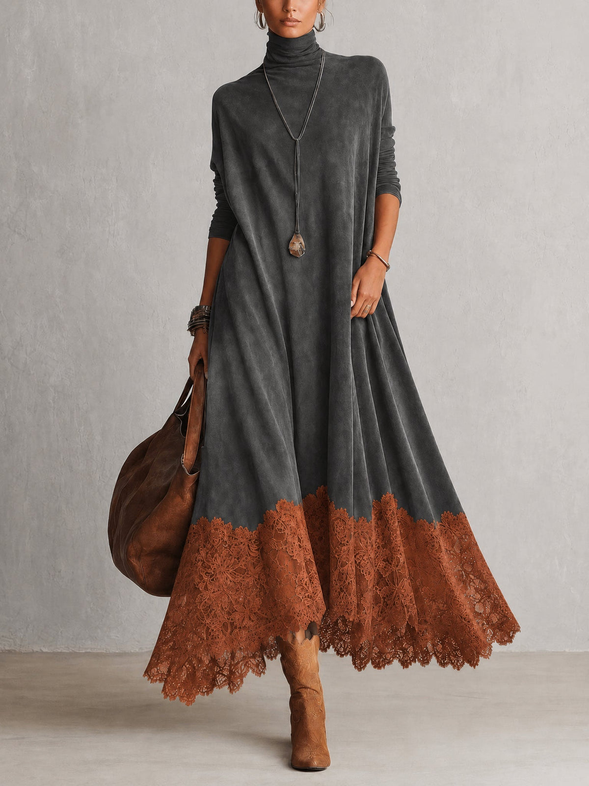 Solène | Vintage Brown Suede-Effect Long-Sleeve Maxi Dress with Lace Hem