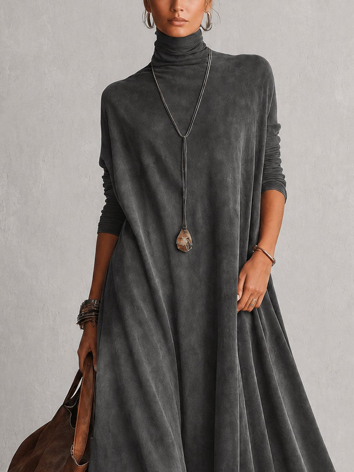Solène | Vintage Brown Suede-Effect Long-Sleeve Maxi Dress with Lace Hem
