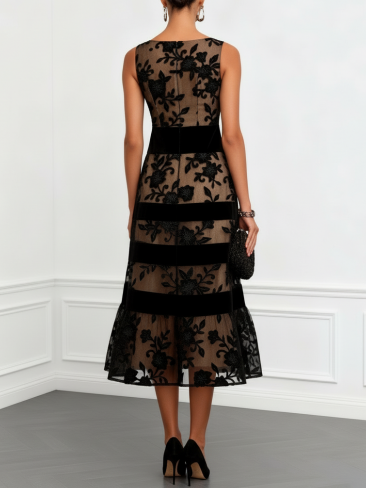 Black Mesh Sleeveless Midi A-Line Dress with Flowers
