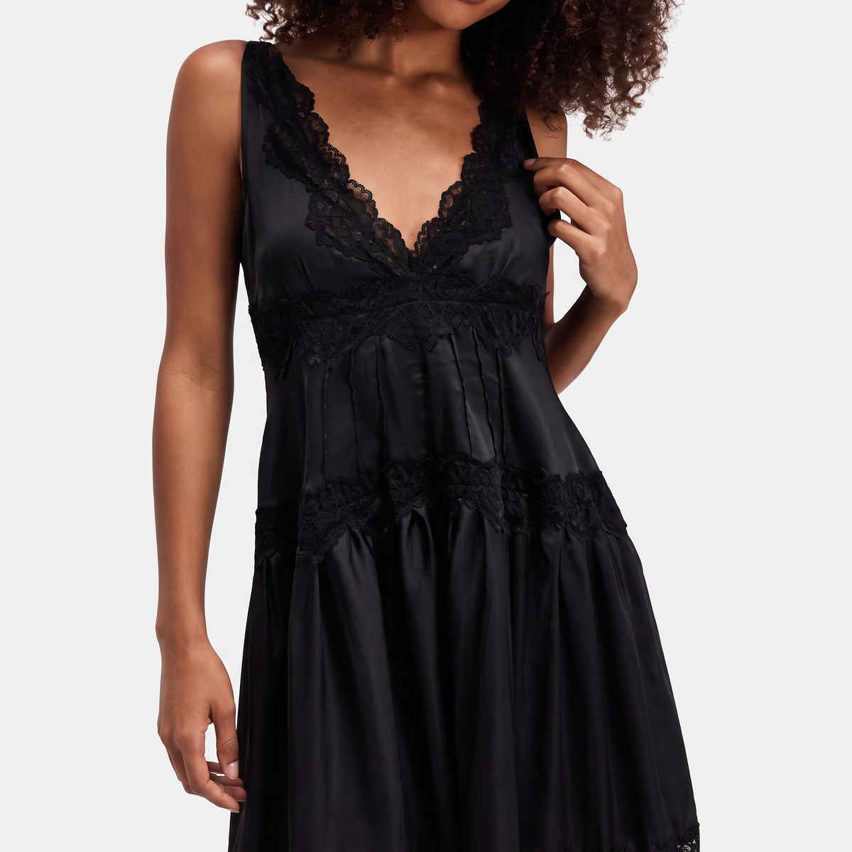 Women's Lace Deep V-Neck Ruffle Hem Mini Slip Dress
