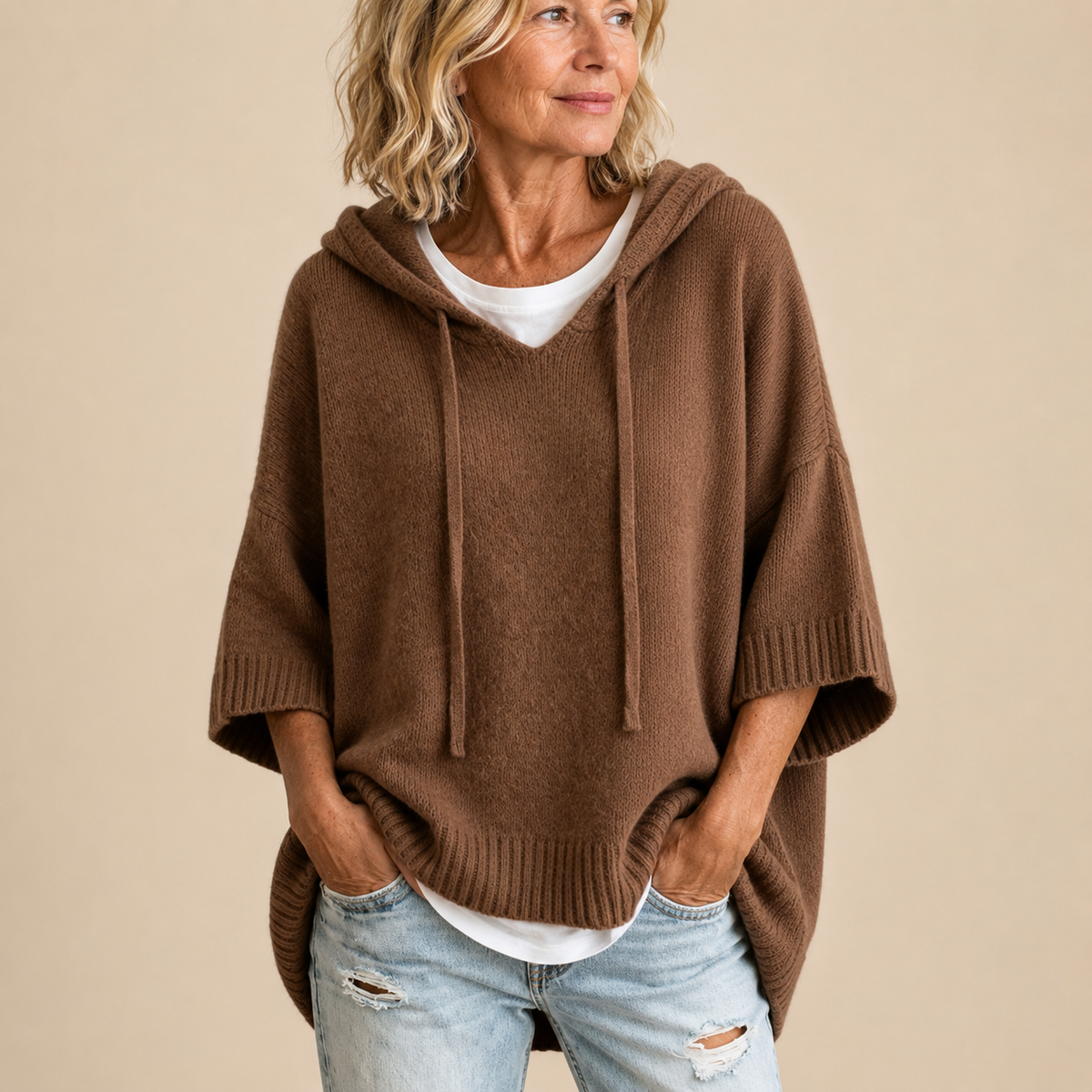 Ottavia | Hooded Knit Poncho with Three-Quarter Sleeves
