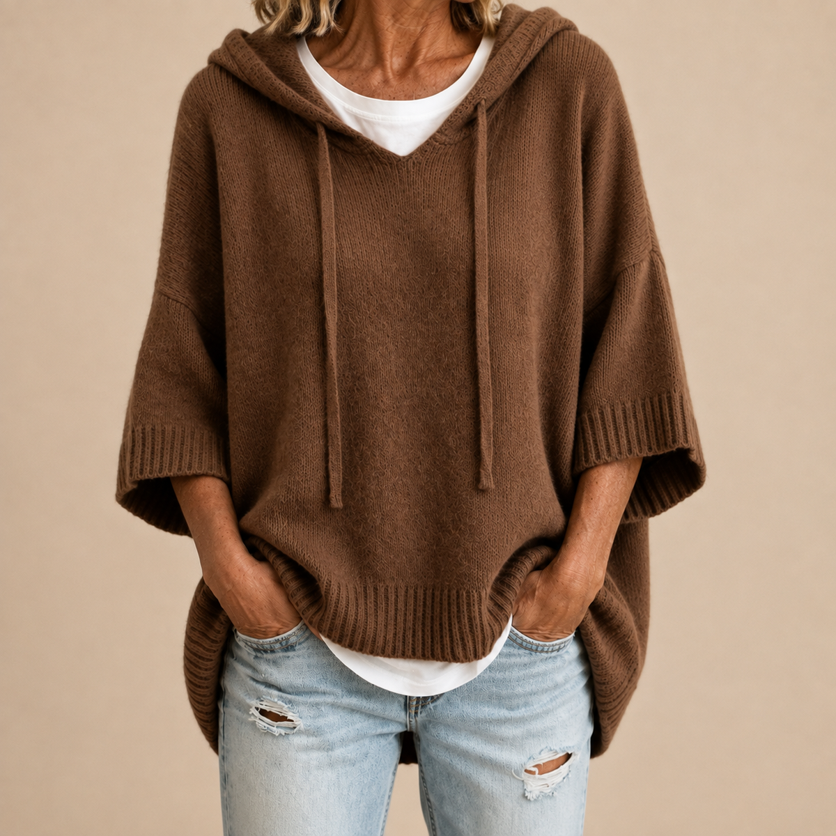 Ottavia | Hooded Knit Poncho with Three-Quarter Sleeves