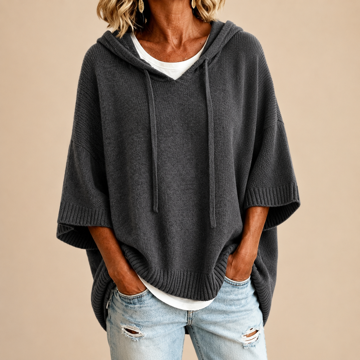 Ottavia | Hooded Knit Poncho with Three-Quarter Sleeves