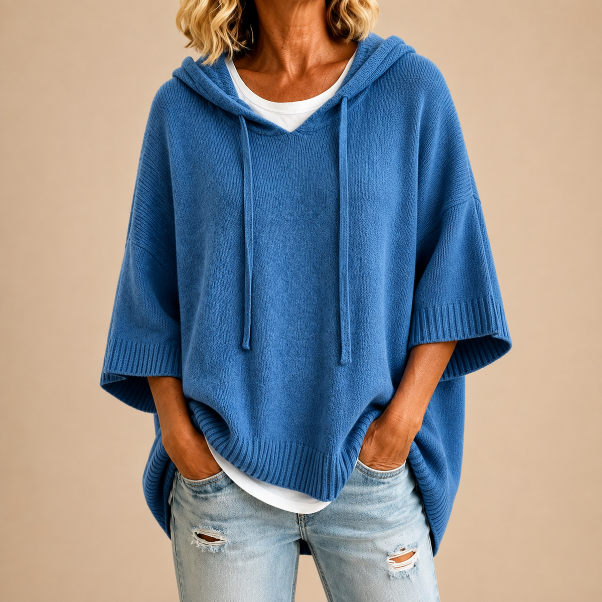 Ottavia | Hooded Knit Poncho with Three-Quarter Sleeves
