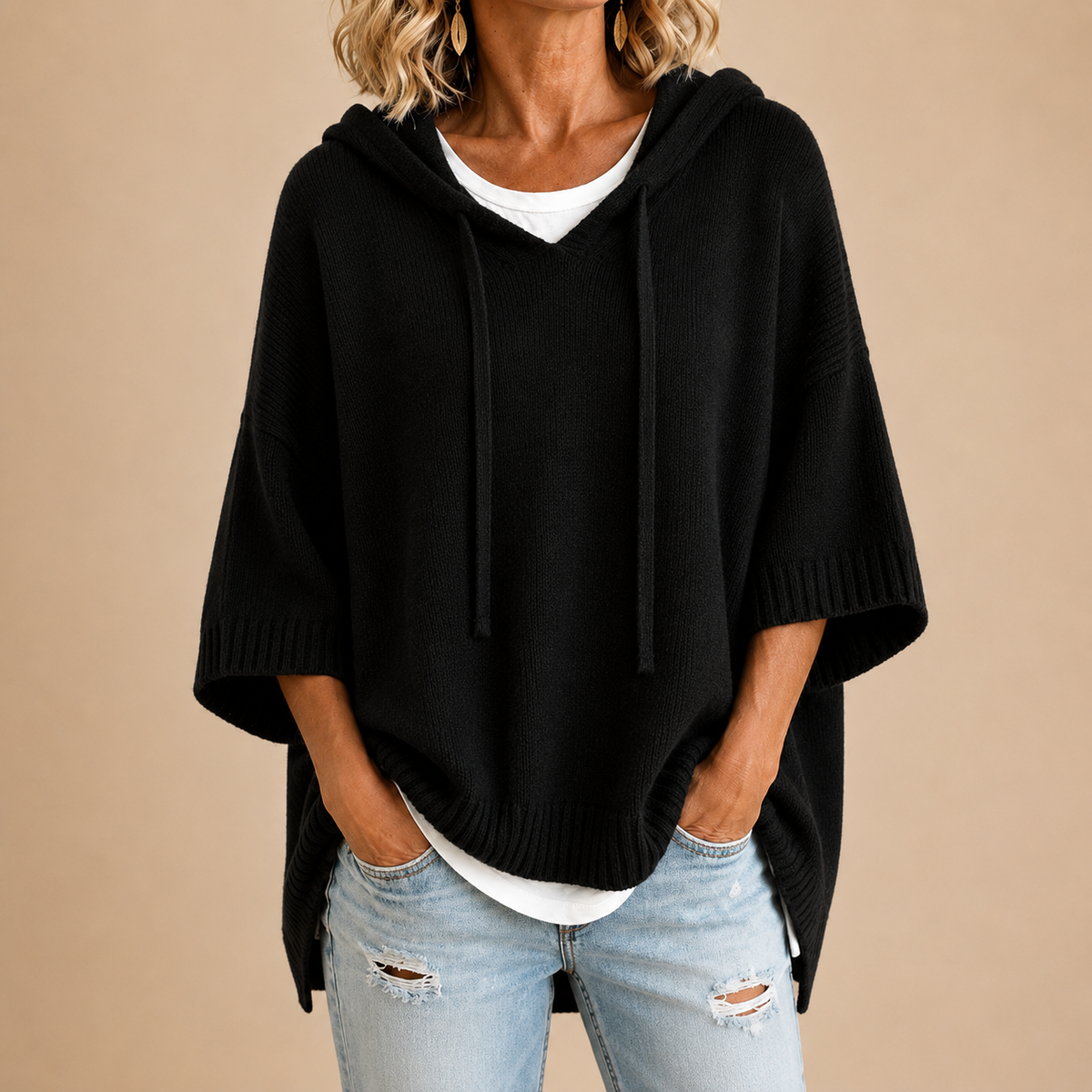 Ottavia | Hooded Knit Poncho with Three-Quarter Sleeves