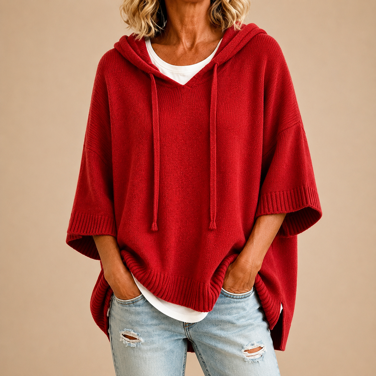 Ottavia | Hooded Knit Poncho with Three-Quarter Sleeves