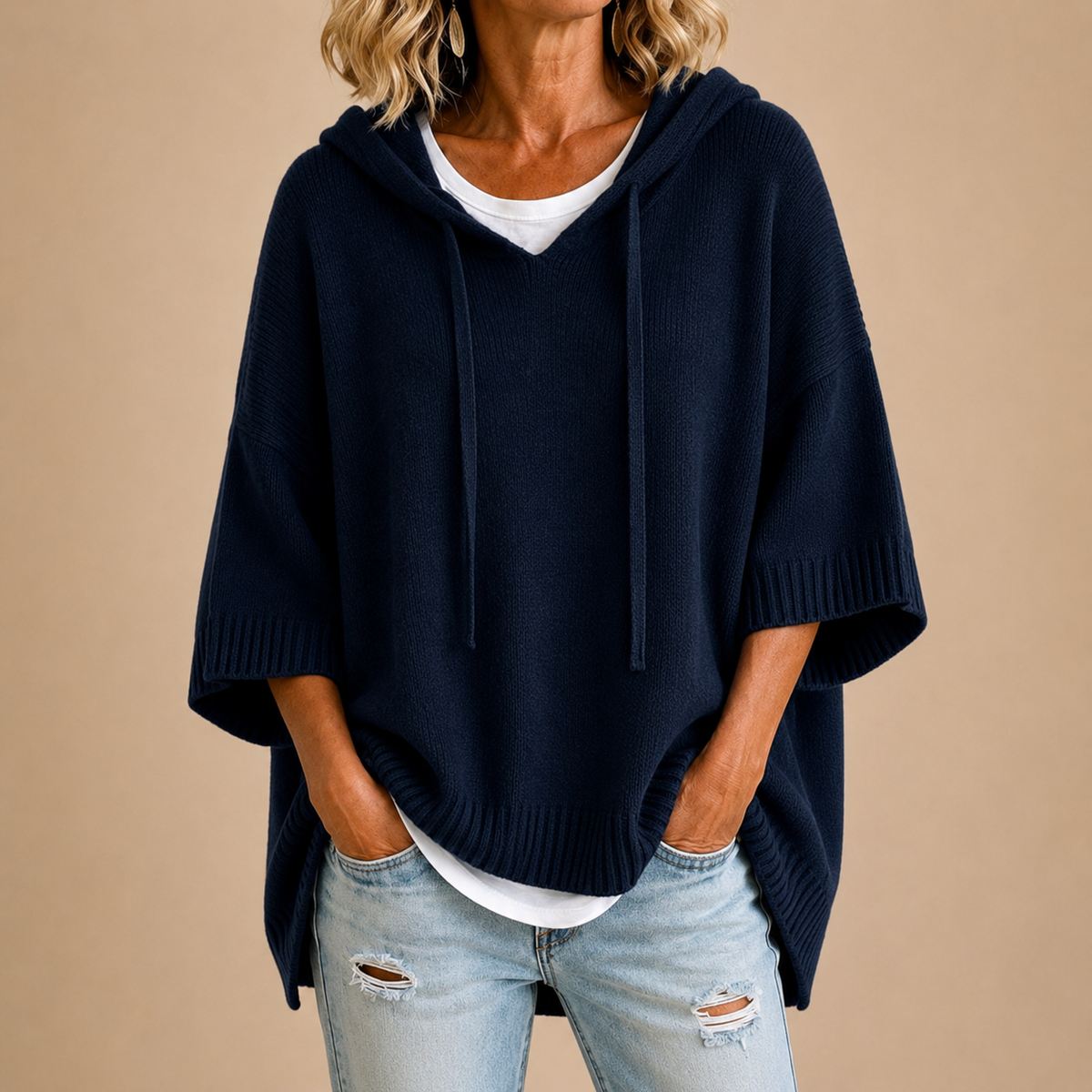 Ottavia | Hooded Knit Poncho with Three-Quarter Sleeves