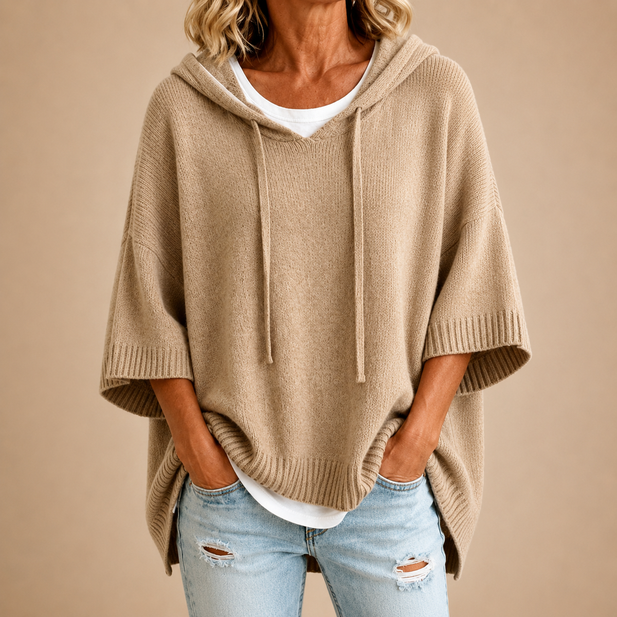 Ottavia | Hooded Knit Poncho with Three-Quarter Sleeves