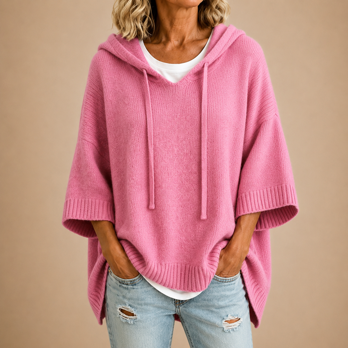 Ottavia | Hooded Knit Poncho with Three-Quarter Sleeves