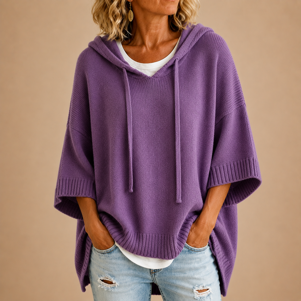 Ottavia | Hooded Knit Poncho with Three-Quarter Sleeves