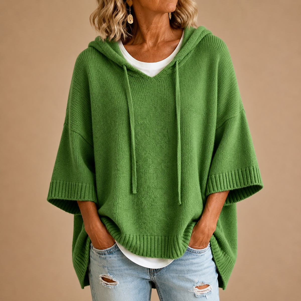 Ottavia | Hooded Knit Poncho with Three-Quarter Sleeves