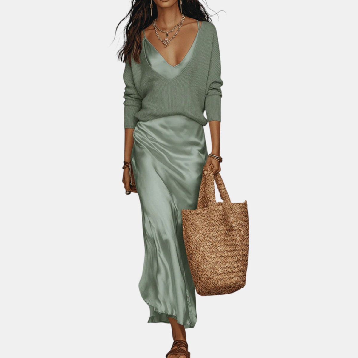 Women's Knit Sweater and Satin Slip Midi Skirt Matching Set
