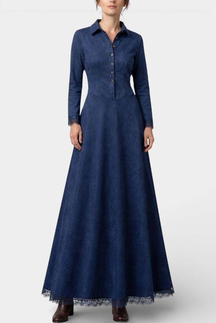 Marie Long Suede Dress with Shirt Collar and Lace