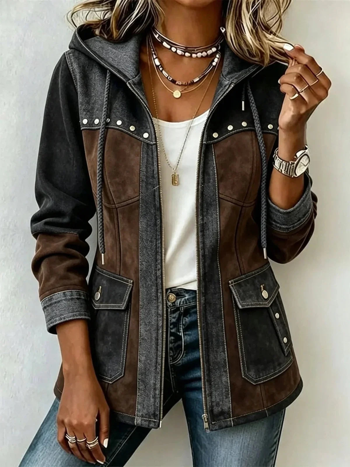 Véronique Mixed-Material Hooded Jacket