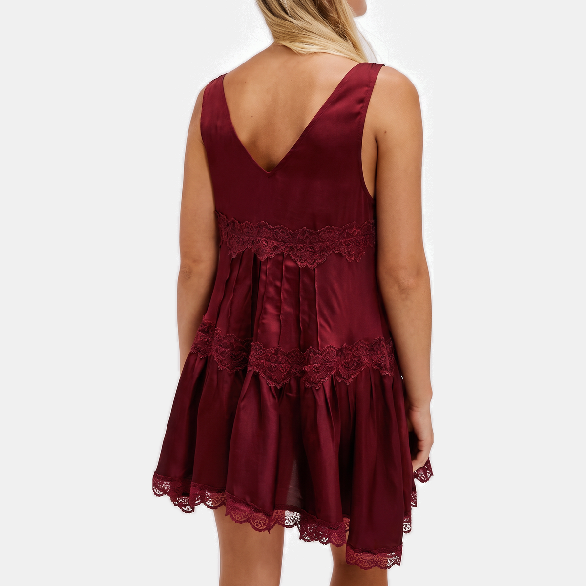 Women's Lace Deep V-Neck Ruffle Hem Mini Slip Dress