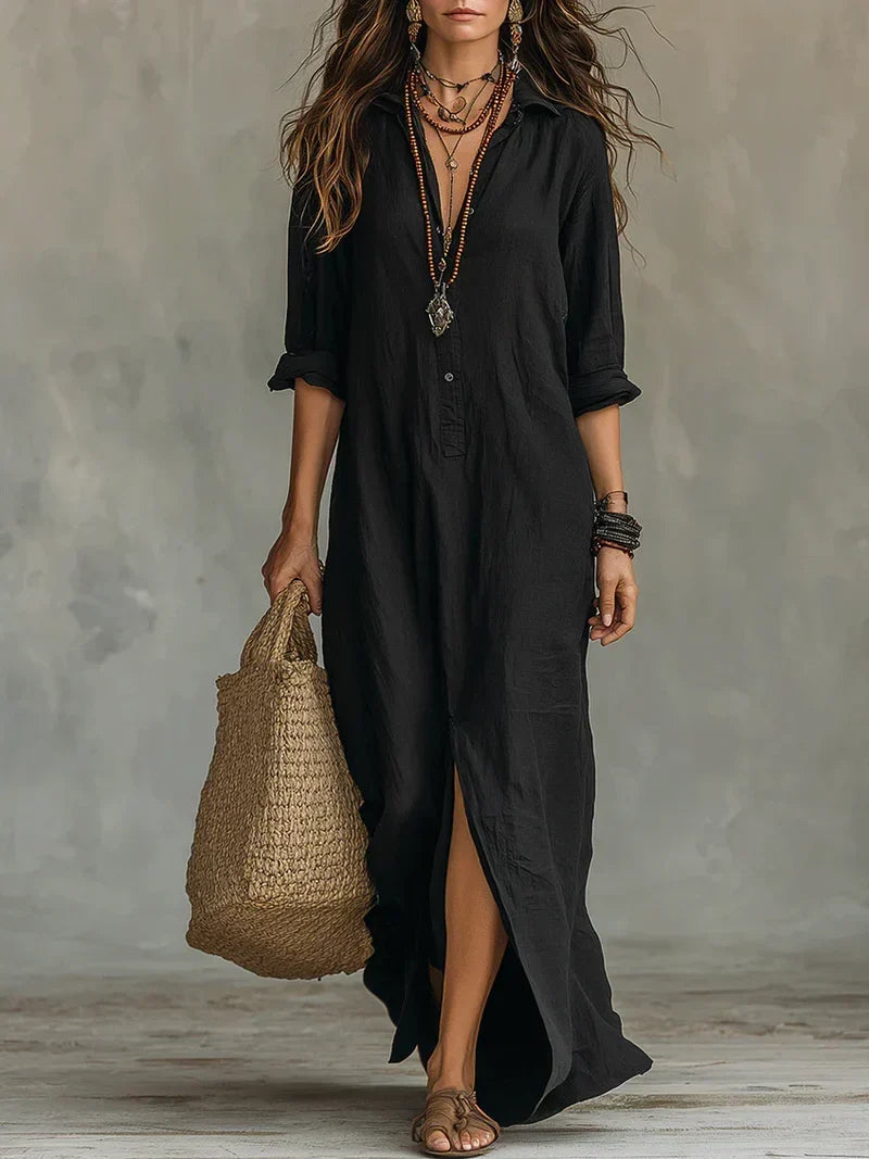 Céline™ | Black Maxi Button-Up Dress