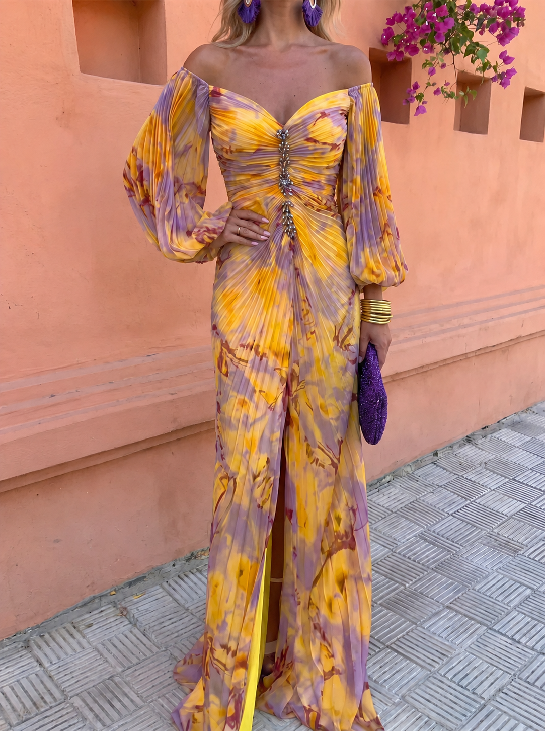 NINA™ – LONG FLORAL DRESS WITH DEEP NECKLINE