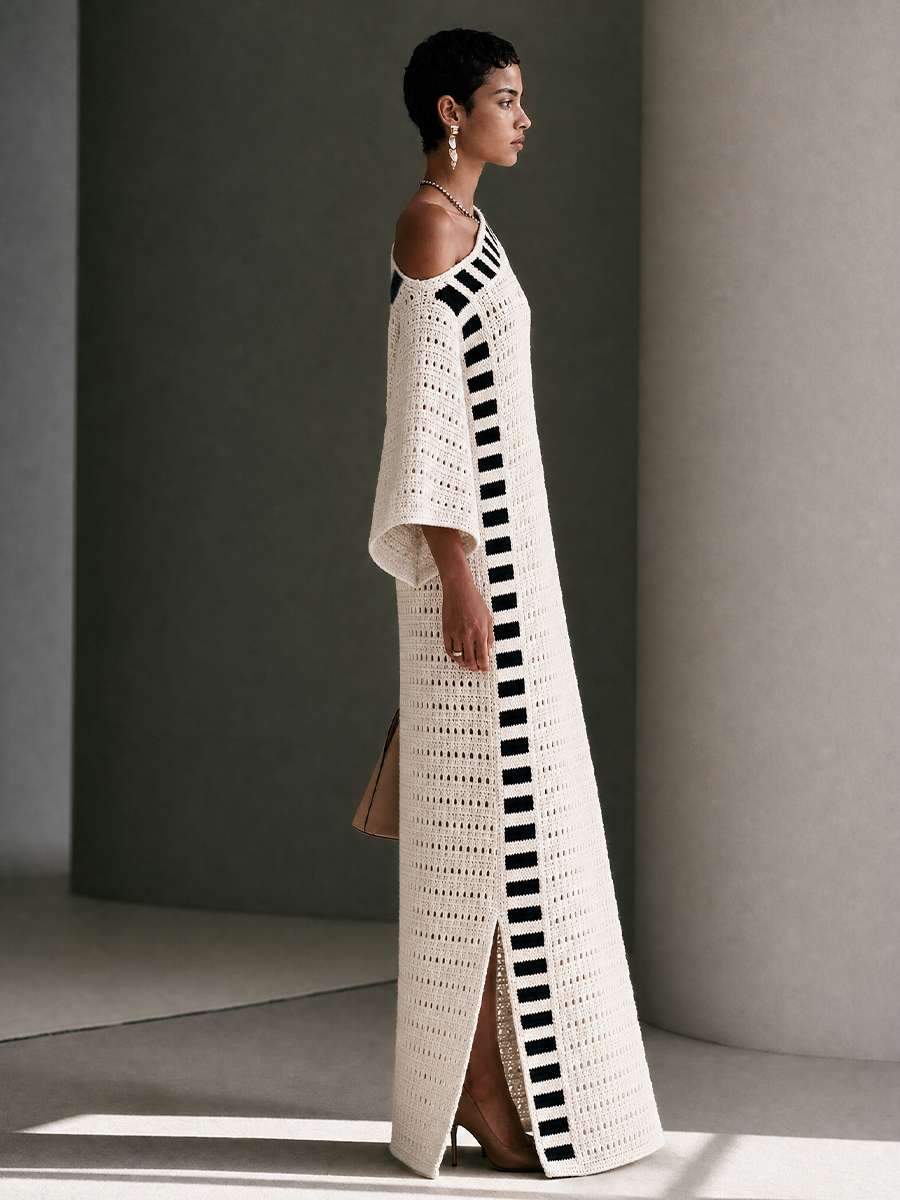 Women's Striped Openwork Bohemian Knit Off-Shoulder Maxi Dress