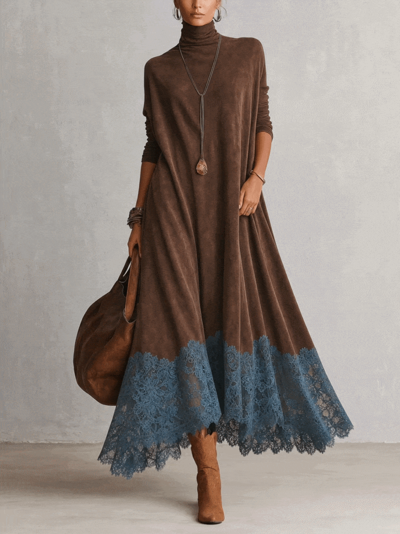 Solène | Vintage Brown Suede-Effect Long-Sleeve Maxi Dress with Lace Hem