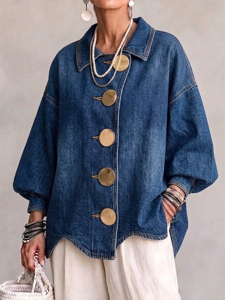 Luciana | Oversized Denim Jacket with Maxi Gold Buttons & Scalloped Hem, Blue