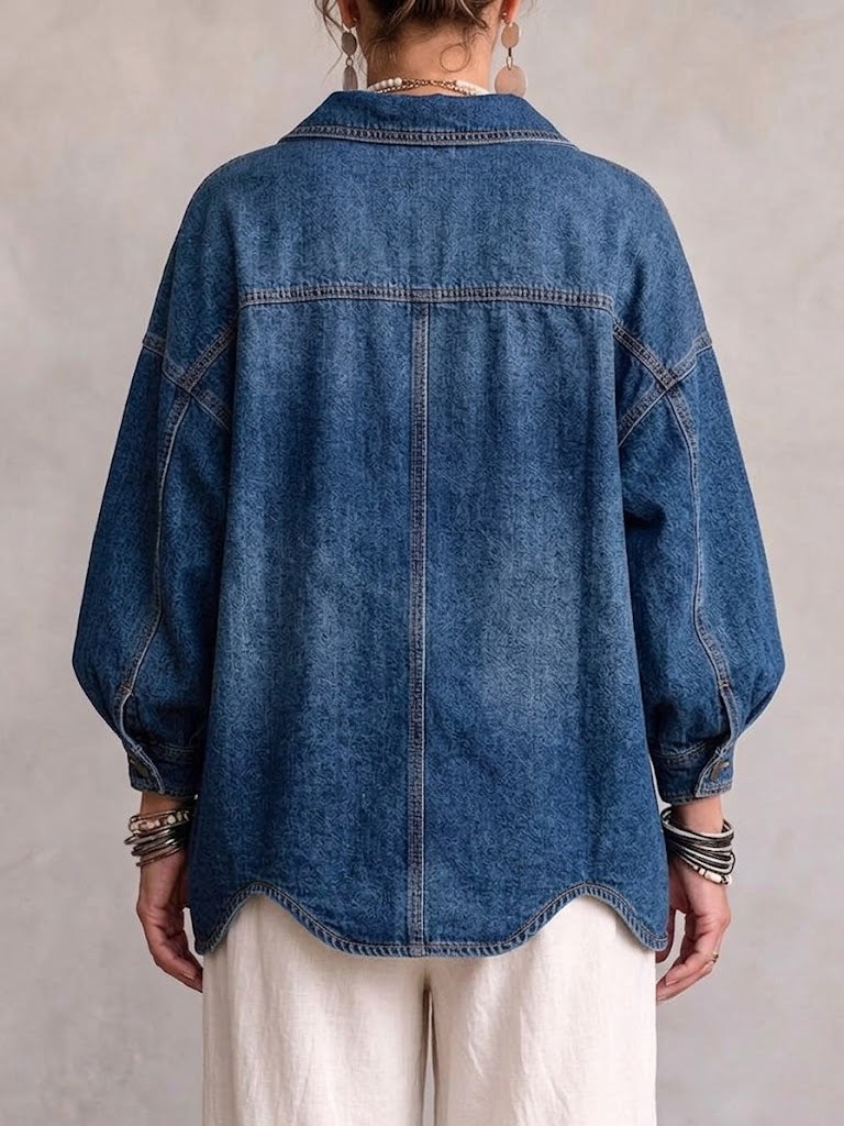 Luciana | Oversized Denim Jacket with Maxi Gold Buttons & Scalloped Hem, Blue